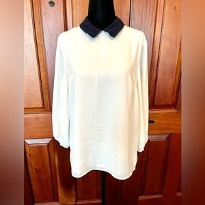CECE Women's Ivory With Black Eyelet Peter Pan Contrast Collar Blouse Top Small